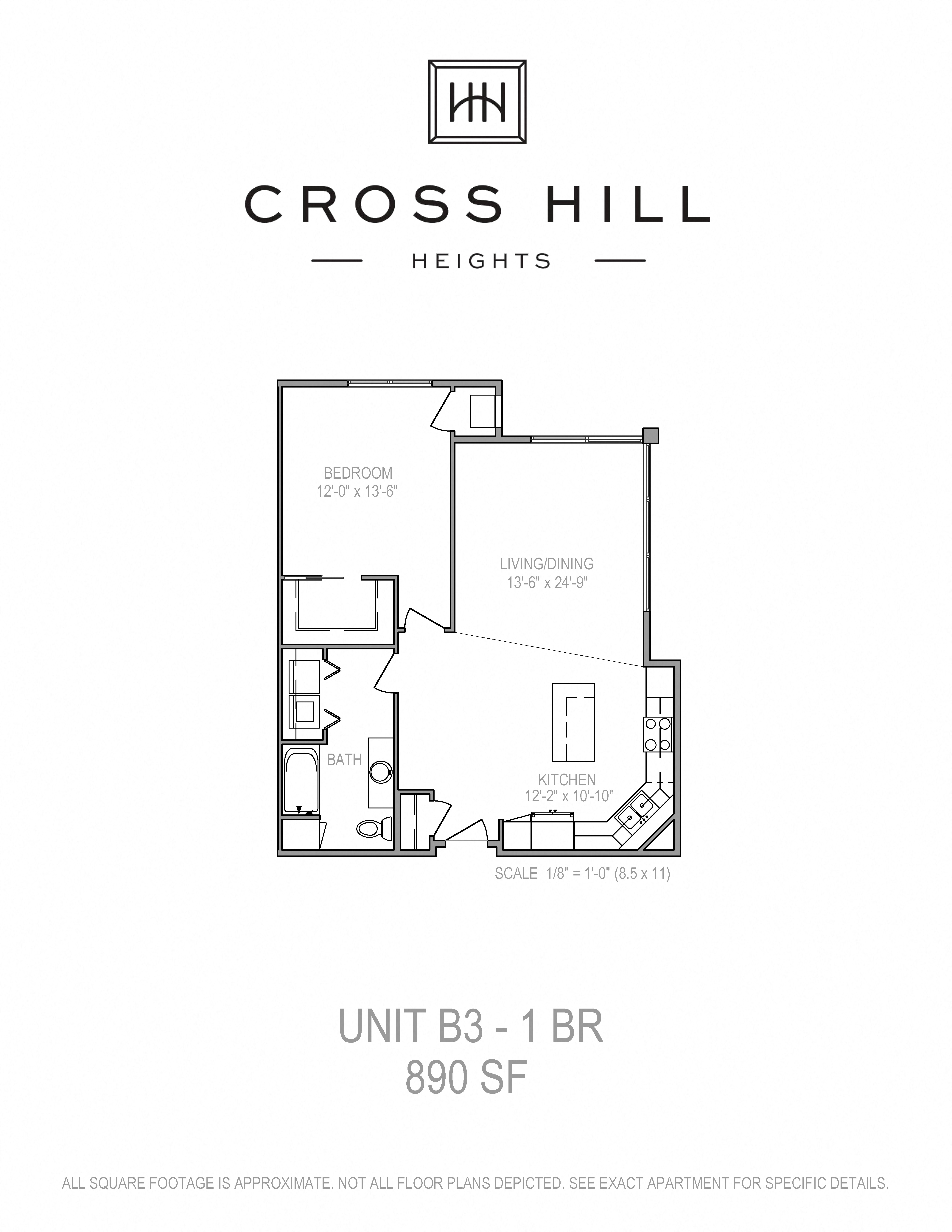 Floor plan for 1 bed, 1 bath, 890 sqft